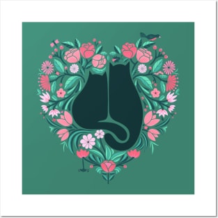 I Heart Cats and Flowers Green Version Posters and Art